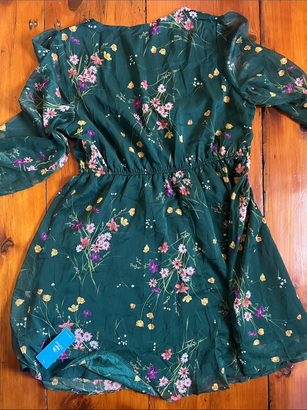 Cupshe Teal Green Floral Long-Sleeve V-Neck Dress - Picture 4 of 5